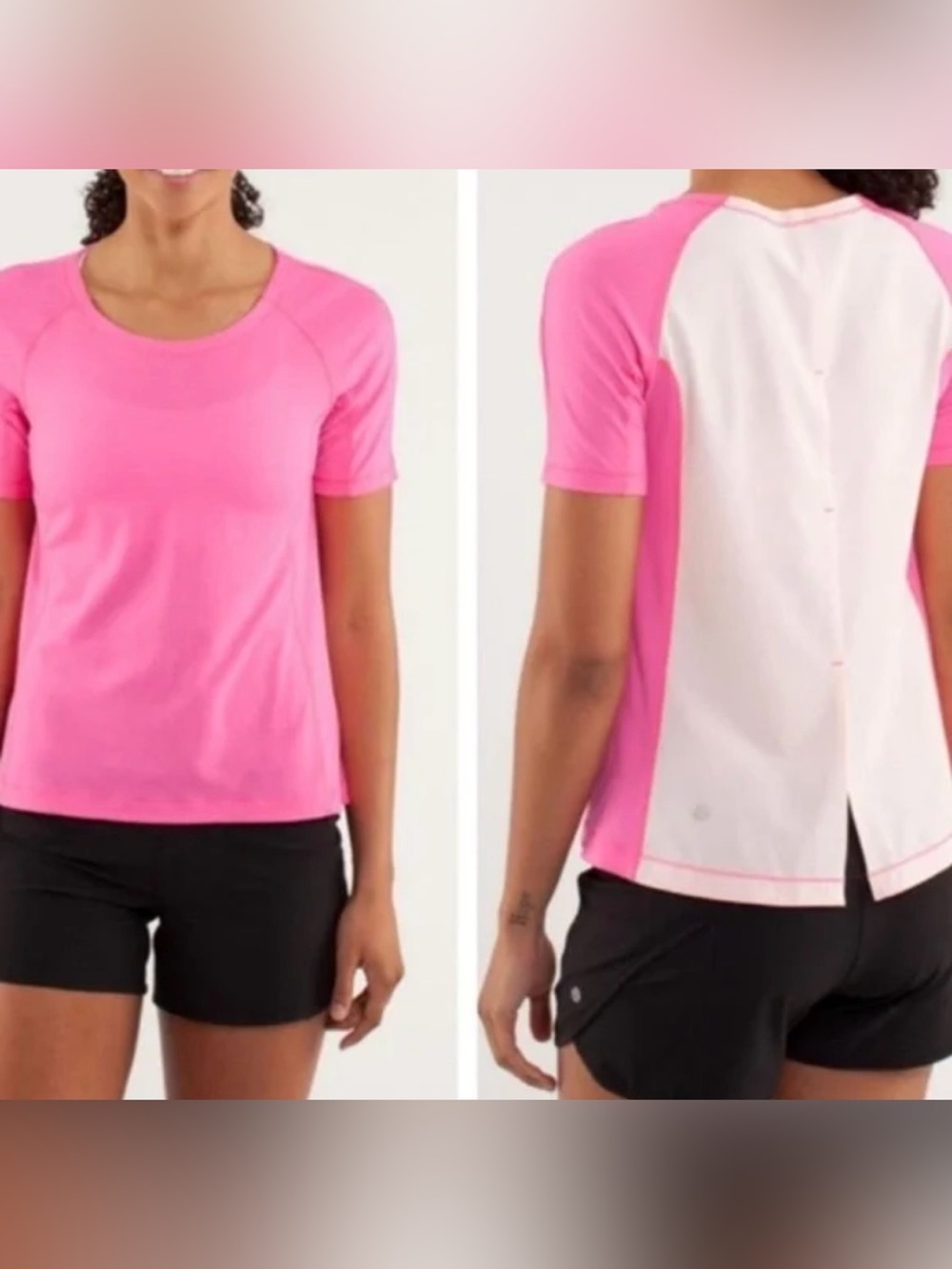lululemon athletica Pink and White Short Sleeve Split-Back Top